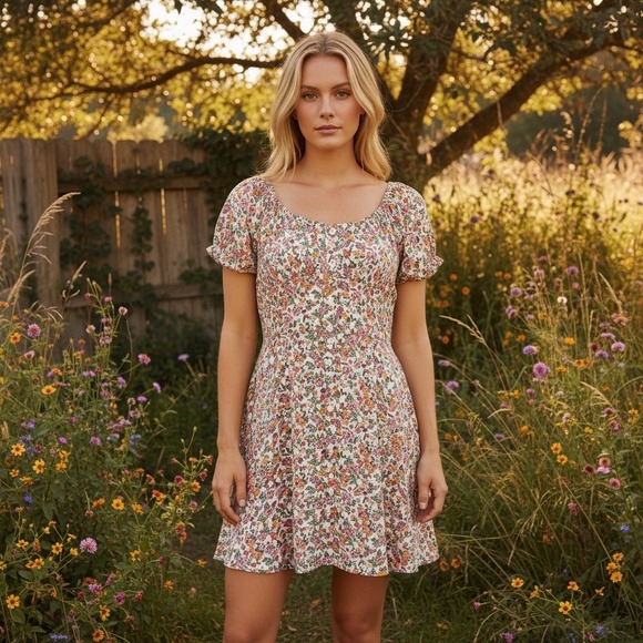 Trixxi Dresses & Skirts - Trixxi NEW Floral Button Front Mini Dress Short Puff Sleeve Boho Cottagecore M